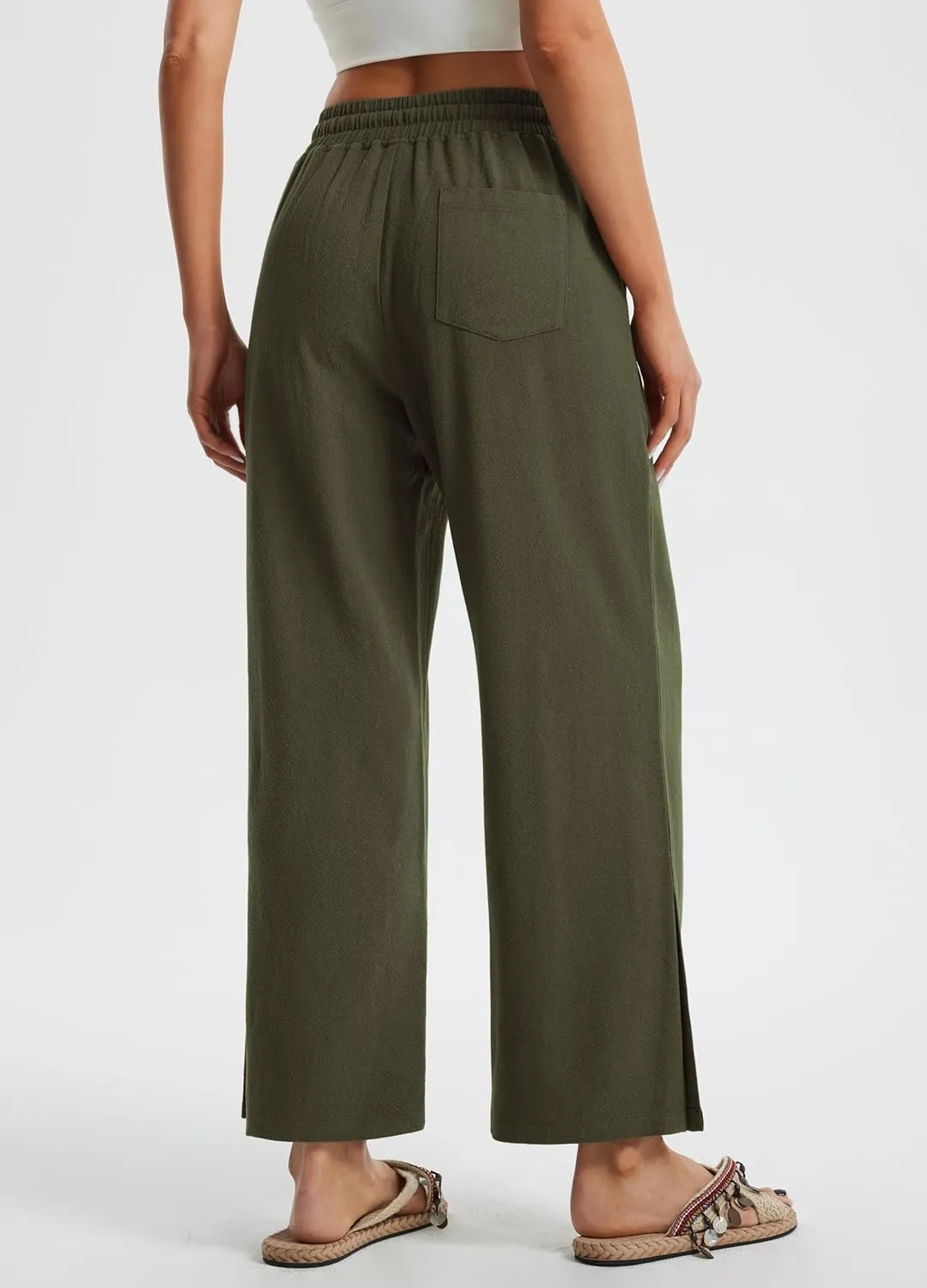 Libin Women Linen Pants Wide Leg Side Slit Ankle Pants High Waist Drawstring Casual Palazzo Loose Beach Pant Cropped Trousers