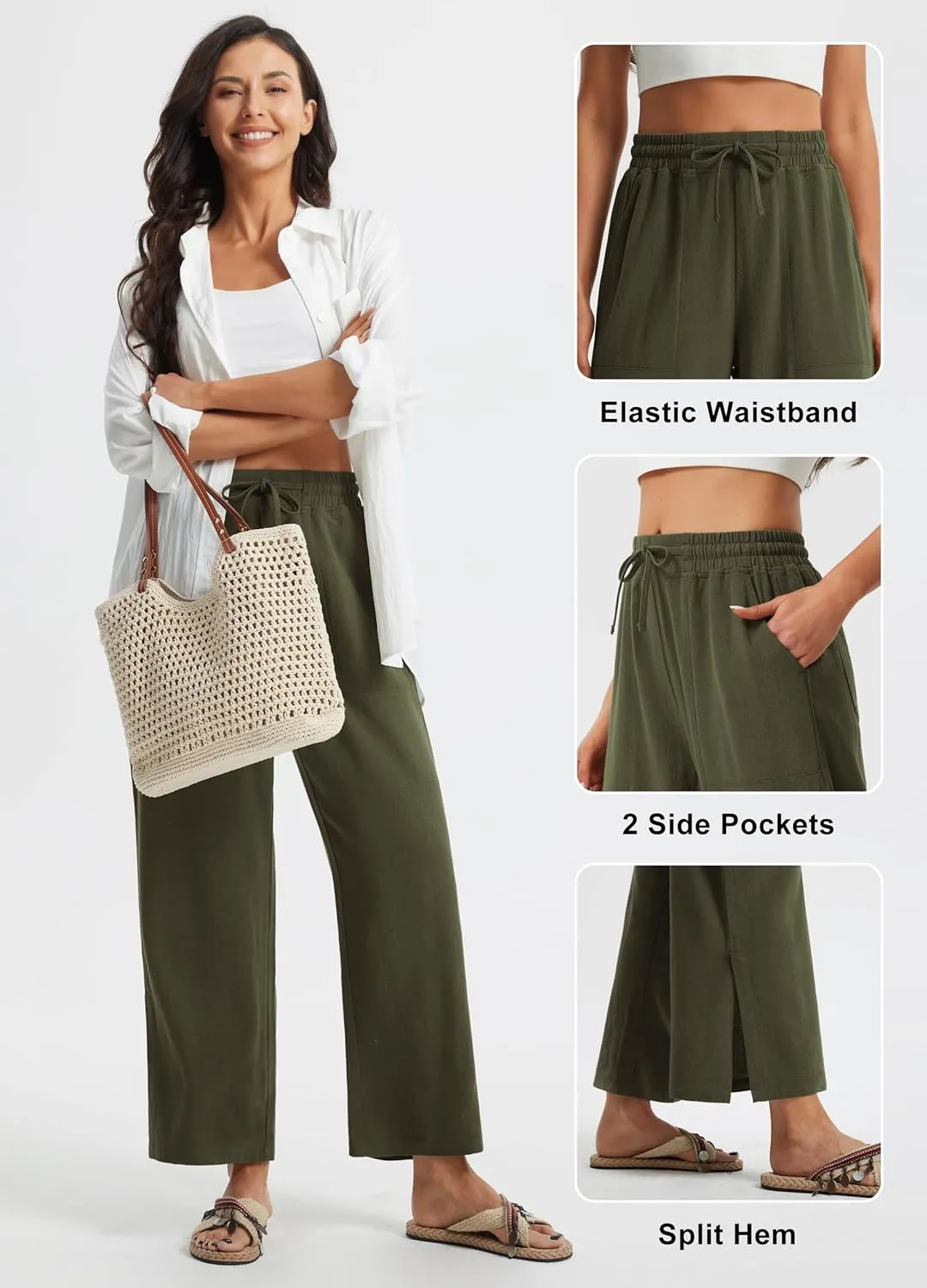 Libin Women Linen Pants Wide Leg Side Slit Ankle Pants High Waist Drawstring Casual Palazzo Loose Beach Pant Cropped Trousers