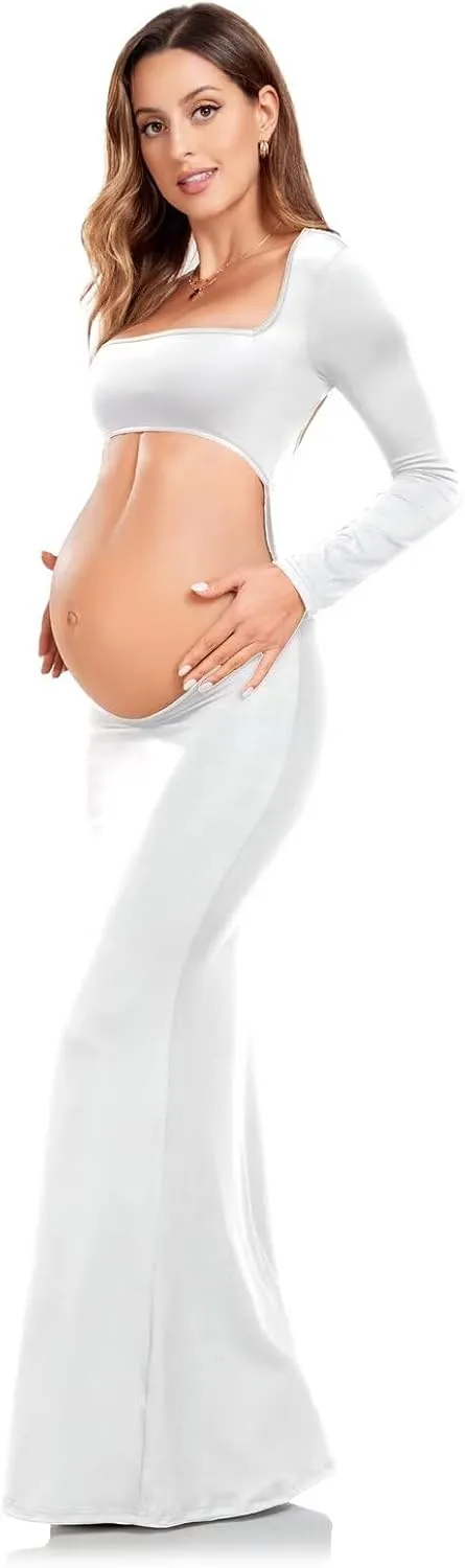 Maternity Dress for Photoshoot Black Long Sleeve Gown Open Belly Backless Bodycon Pregnancy Dresses for Women