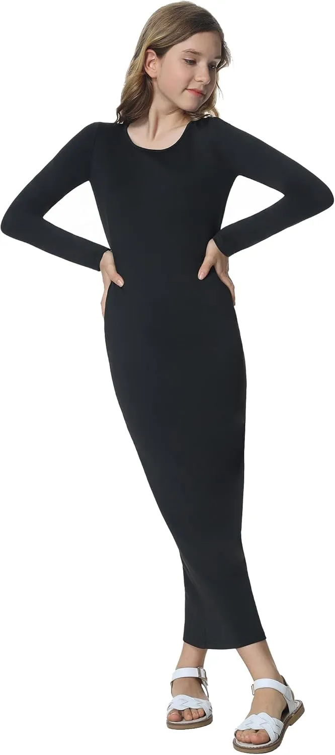 Mebius Girls Bodycon Maxi Dress Spaghetti Strap Slip/Long Sleeve Pencil Black Long Dresses Round Neck Casual Party 8-14Y