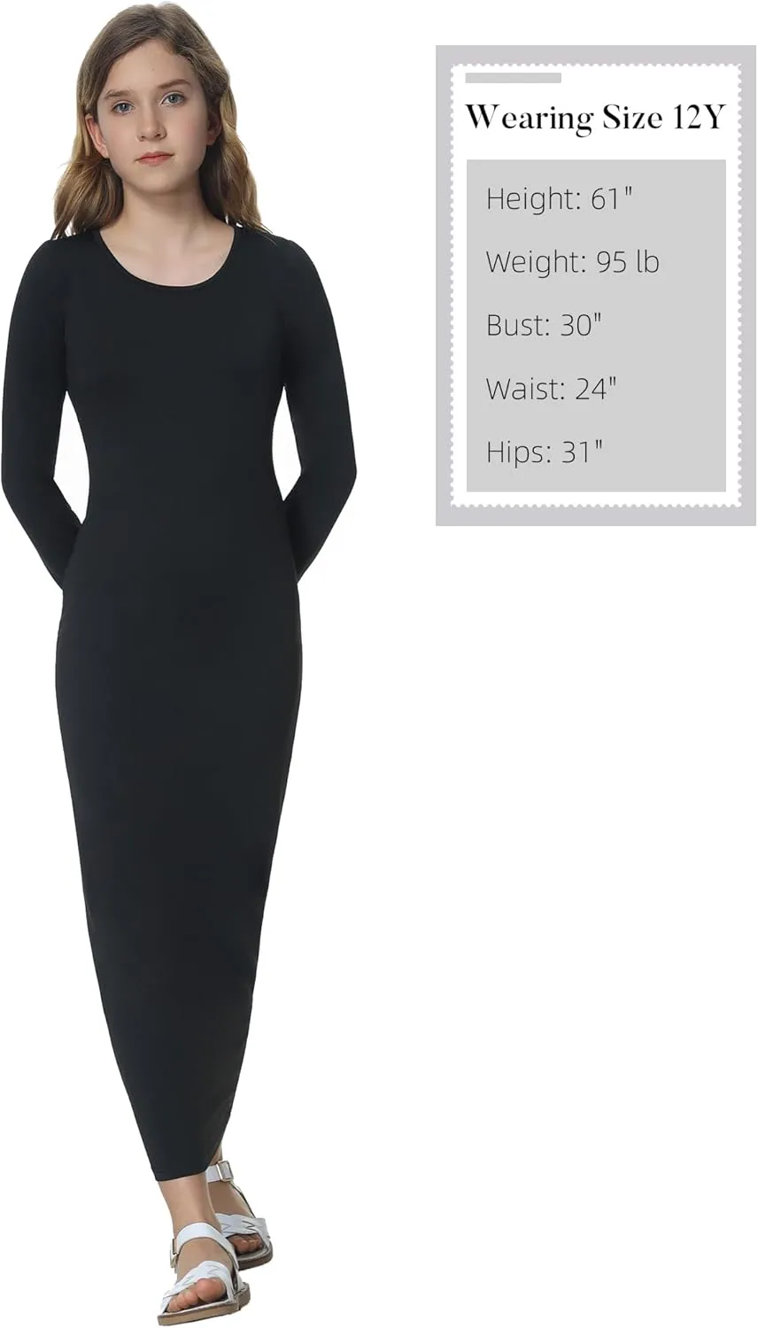 Mebius Girls Bodycon Maxi Dress Spaghetti Strap Slip/Long Sleeve Pencil Black Long Dresses Round Neck Casual Party 8-14Y
