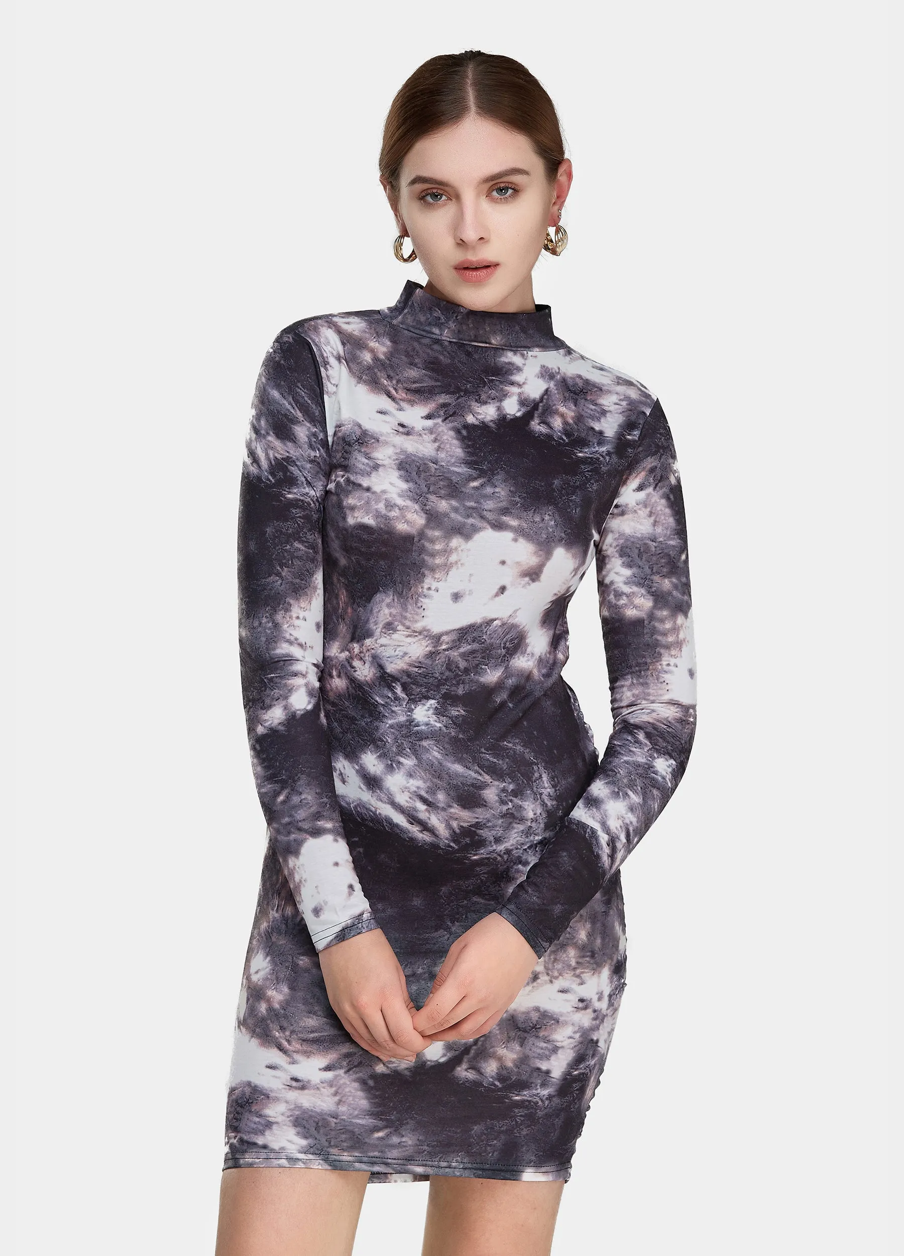 MECALA Women's Long Sleeve Stand Collar Tie Dye Criss Cross Dress