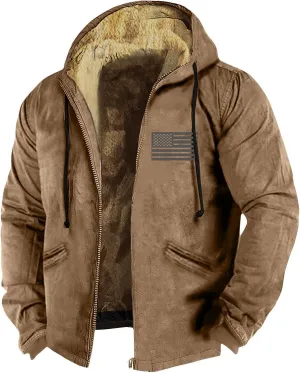 Mens Vintage Fleece Jacket Sherpa Lined Winter Coats Parka Warm Over Outerwear Windproof Casual Hoodies with Pocket