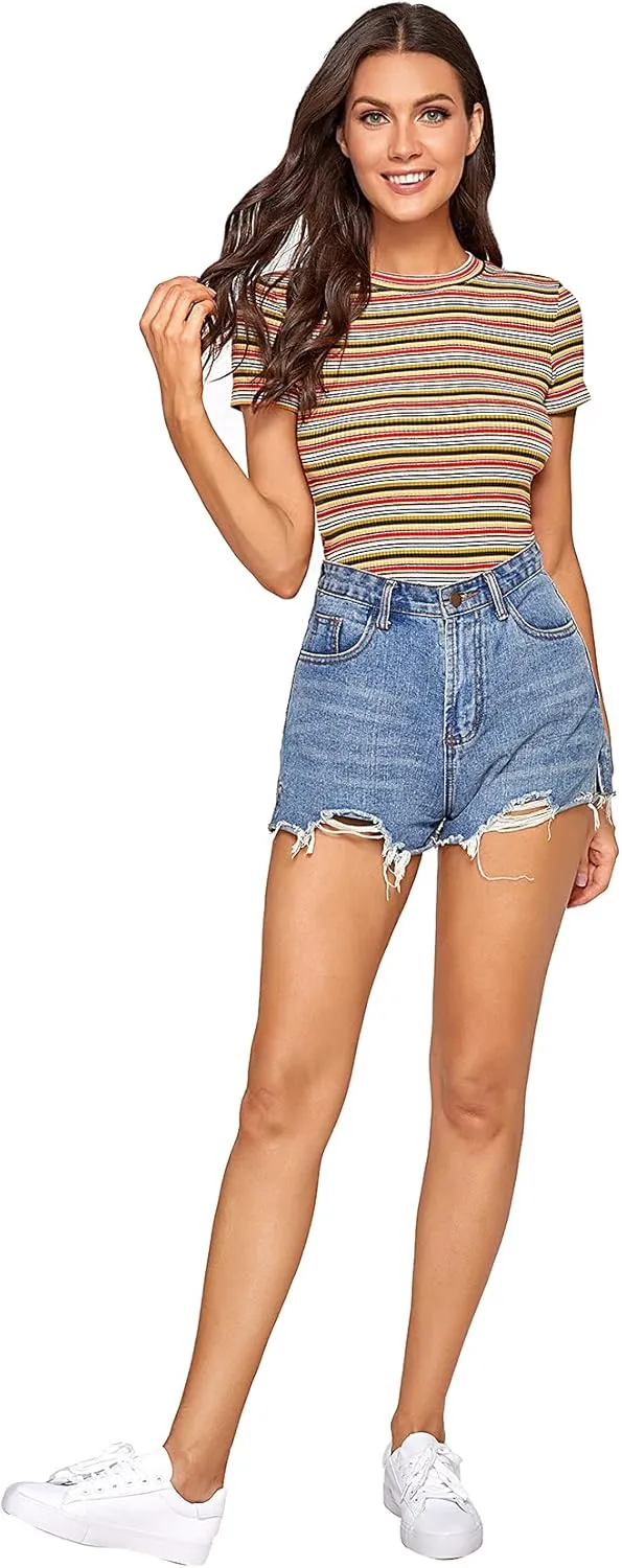 Milumia Women's Casual Multi Striped Ribbed Short Sleeve Solid Tee Knit Top