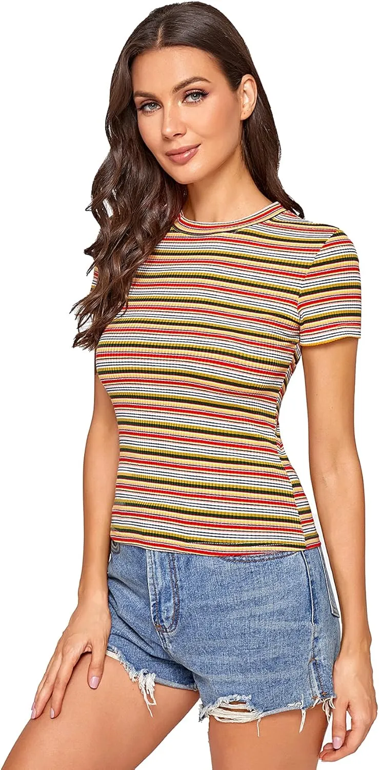 Milumia Women's Casual Multi Striped Ribbed Short Sleeve Solid Tee Knit Top