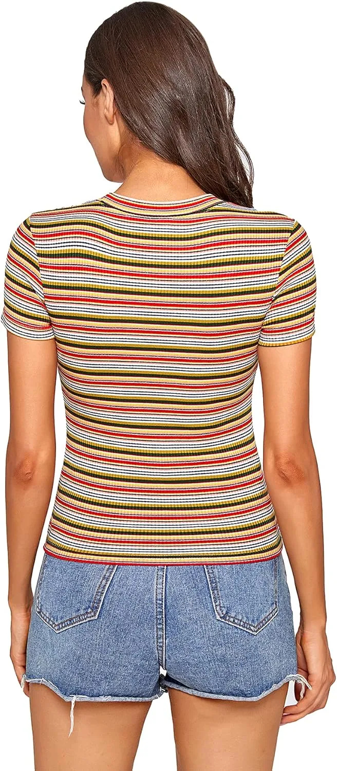 Milumia Women's Casual Multi Striped Ribbed Short Sleeve Solid Tee Knit Top