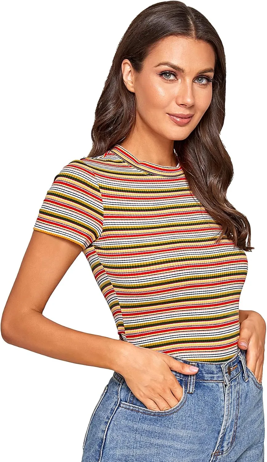 Milumia Women's Casual Multi Striped Ribbed Short Sleeve Solid Tee Knit Top