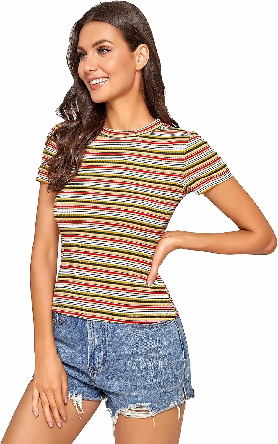 Milumia Women's Casual Multi Striped Ribbed Short Sleeve Solid Tee Knit Top