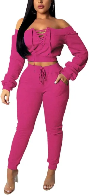 OLUOLIN Women Sexy Long Sleeve Two Pieces Outfits Tracksuit Lace Up Off Shoulder Casual Sweatsuit