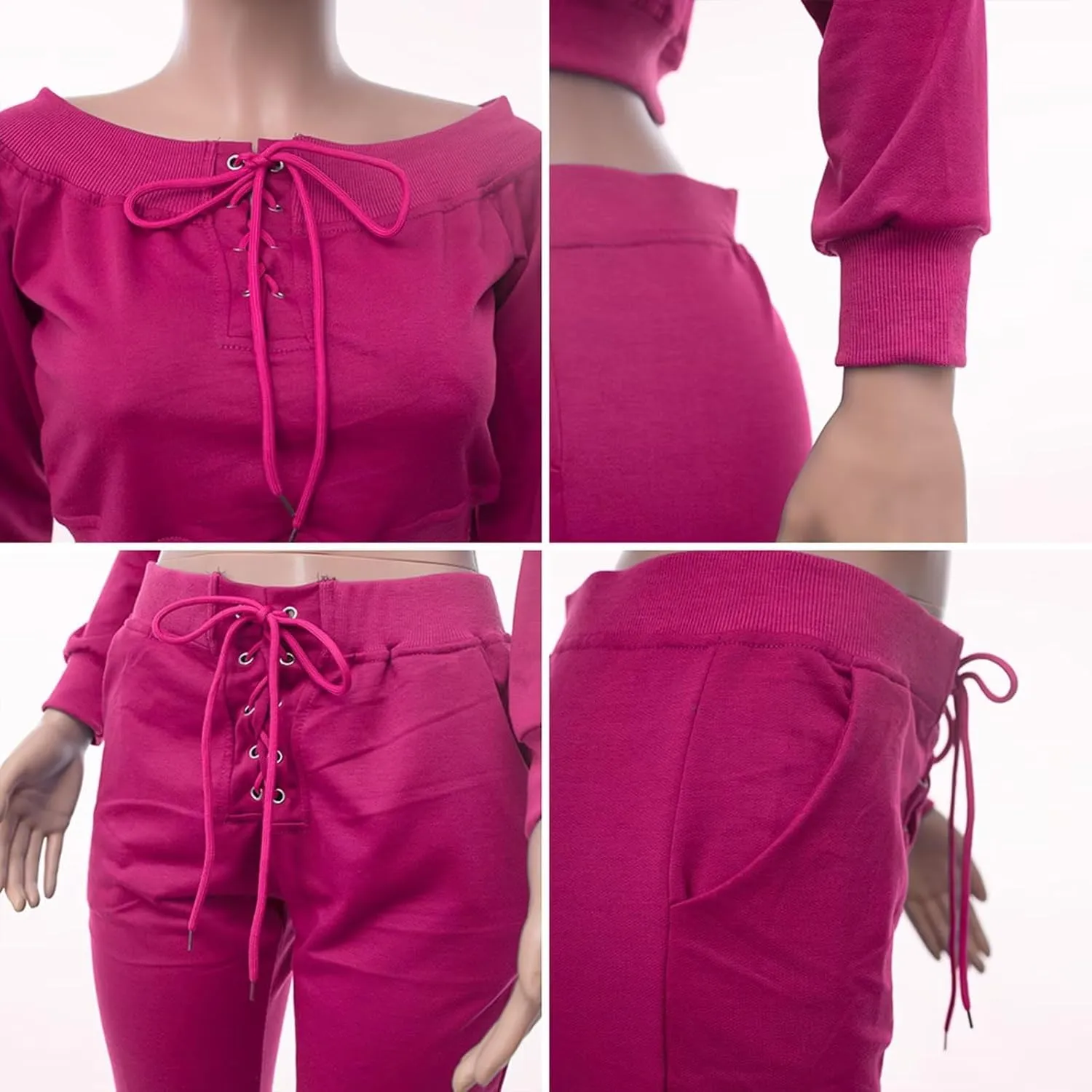 OLUOLIN Women Sexy Long Sleeve Two Pieces Outfits Tracksuit Lace Up Off Shoulder Casual Sweatsuit