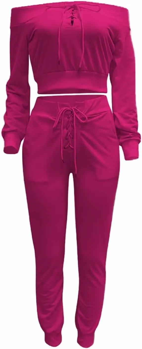 OLUOLIN Women Sexy Long Sleeve Two Pieces Outfits Tracksuit Lace Up Off Shoulder Casual Sweatsuit