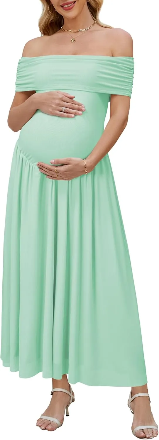 OUGES Women's 2025 Off The Shoulder Mesh Maxi Maternity Dress for Photoshoot Baby Shower Sleeveless Formal Long Dresses