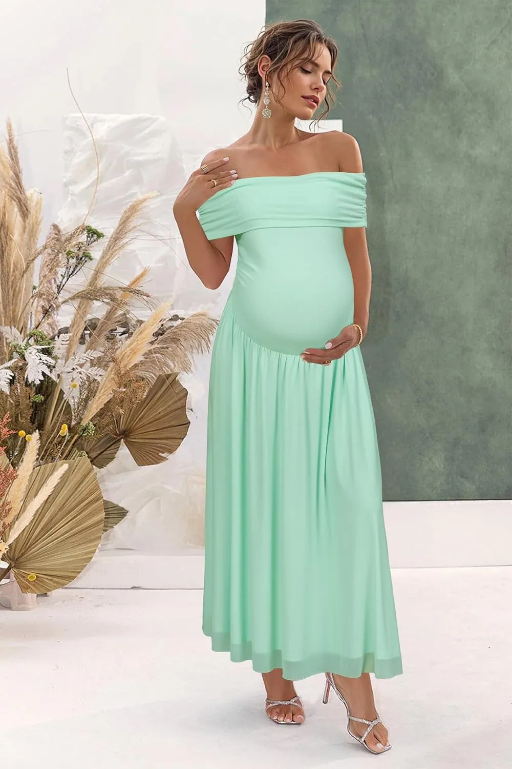 OUGES Women's 2025 Off The Shoulder Mesh Maxi Maternity Dress for Photoshoot Baby Shower Sleeveless Formal Long Dresses