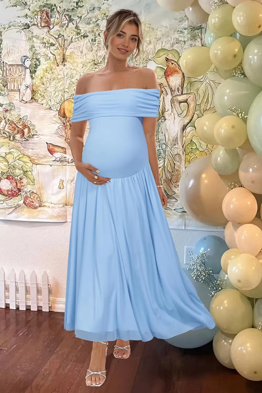 OUGES Women's 2025 Off The Shoulder Mesh Maxi Maternity Dress for Photoshoot Baby Shower Sleeveless Formal Long Dresses