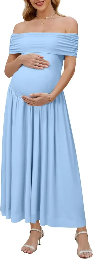 OUGES Women's 2025 Off The Shoulder Mesh Maxi Maternity Dress for Photoshoot Baby Shower Sleeveless Formal Long Dresses