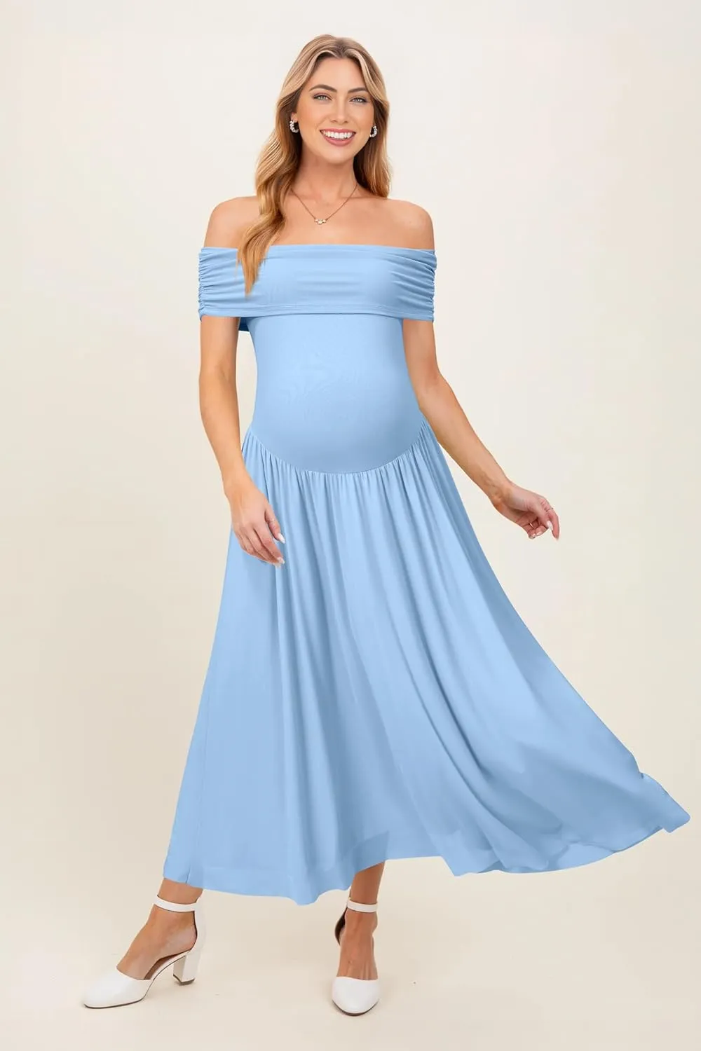 OUGES Women's 2025 Off The Shoulder Mesh Maxi Maternity Dress for Photoshoot Baby Shower Sleeveless Formal Long Dresses