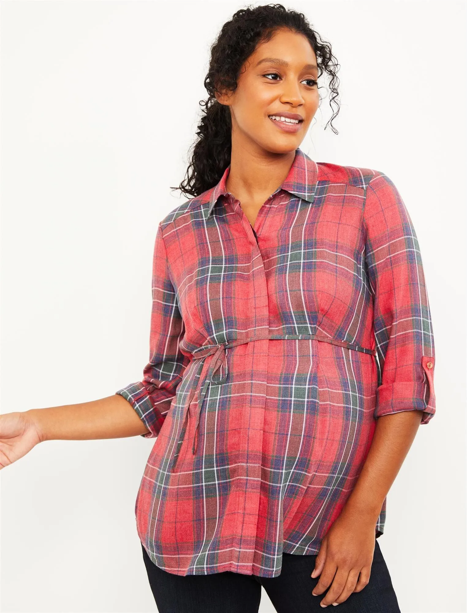 Plaid Button Front Maternity Shirt in Red Plaid