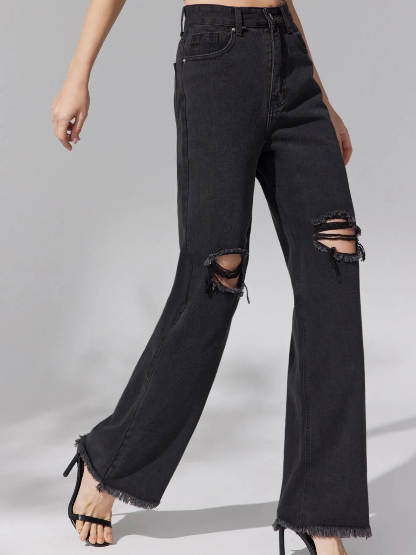 Raw Hem Ripped Straight Leg Jeans