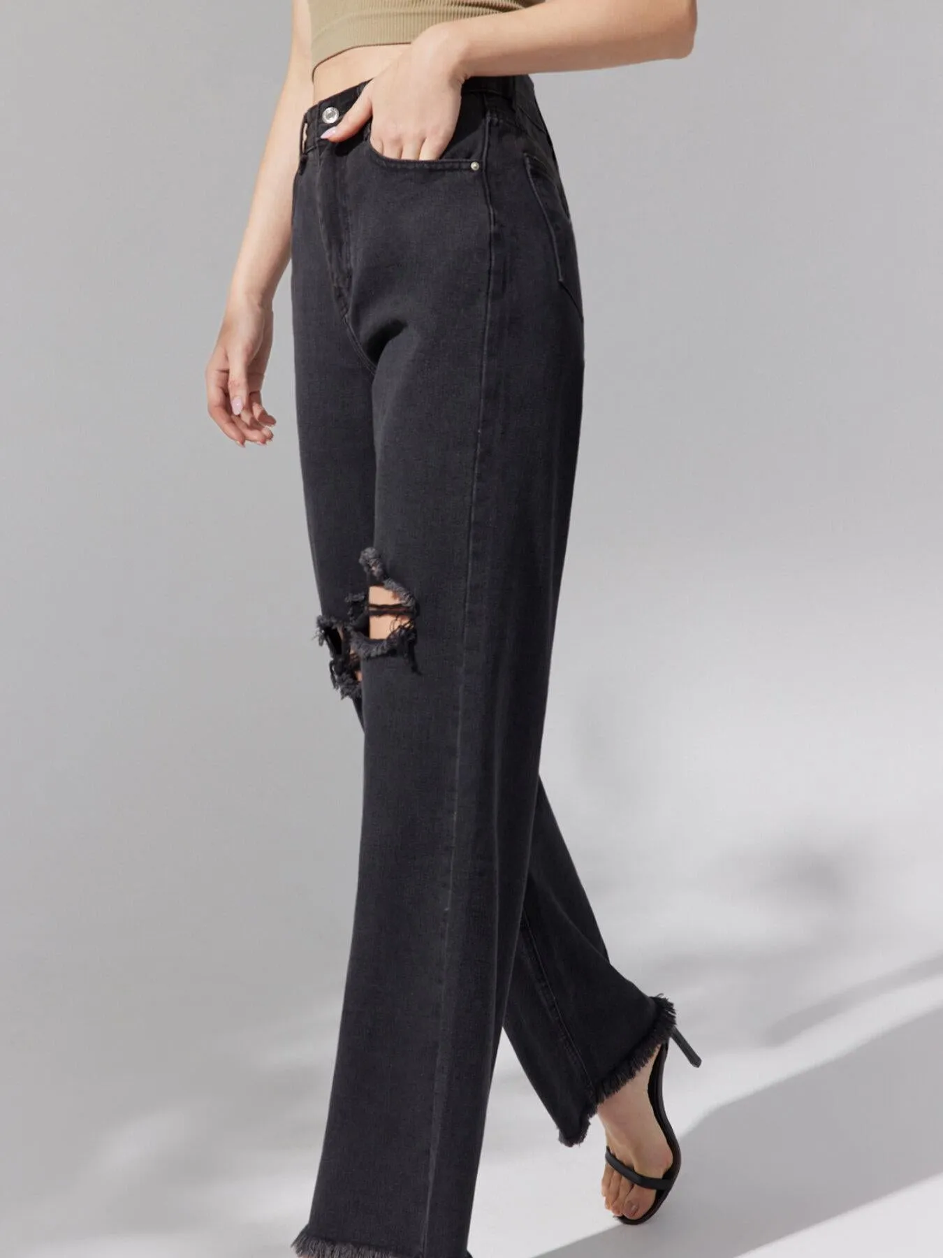 Raw Hem Ripped Straight Leg Jeans