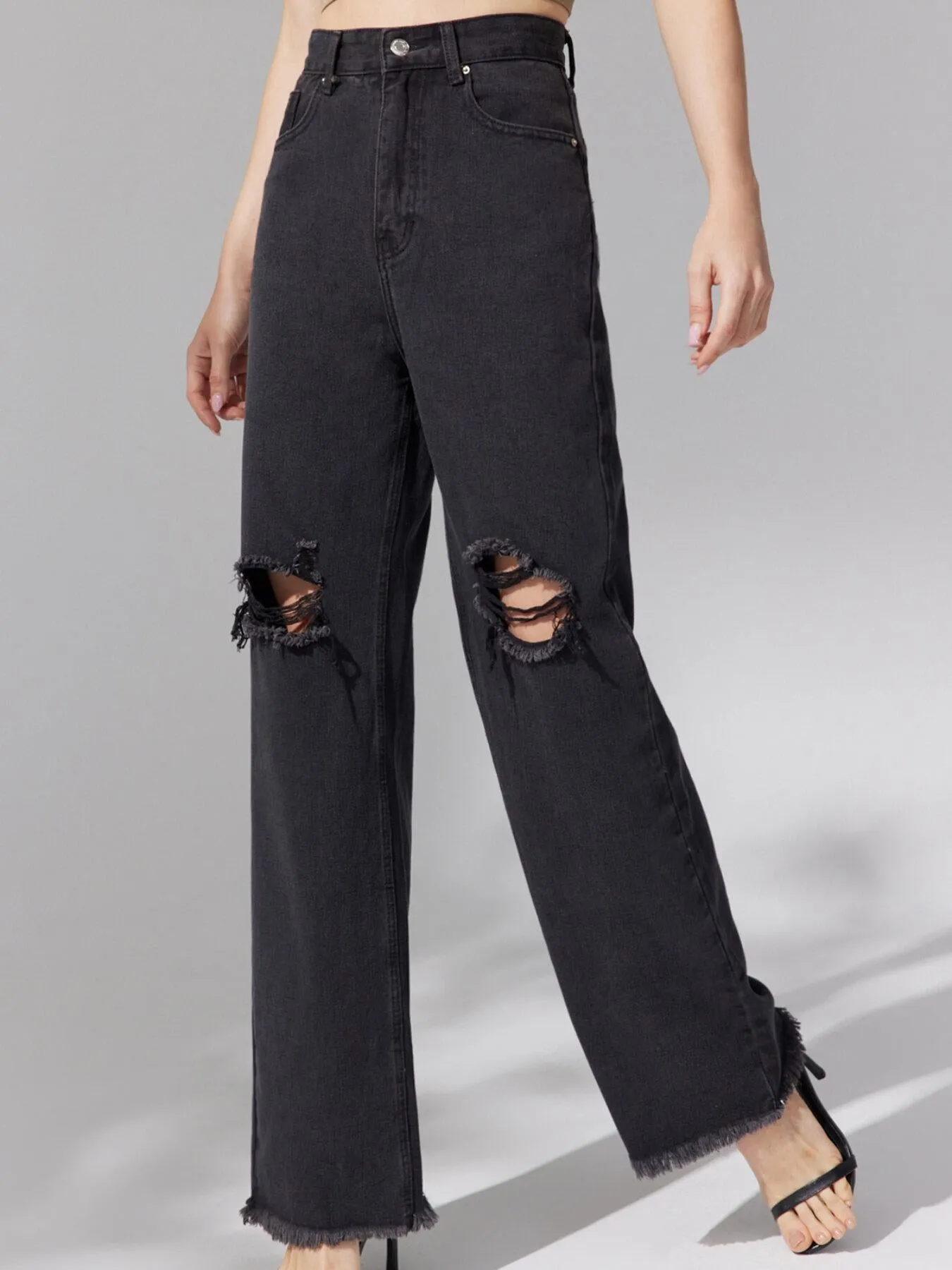 Raw Hem Ripped Straight Leg Jeans