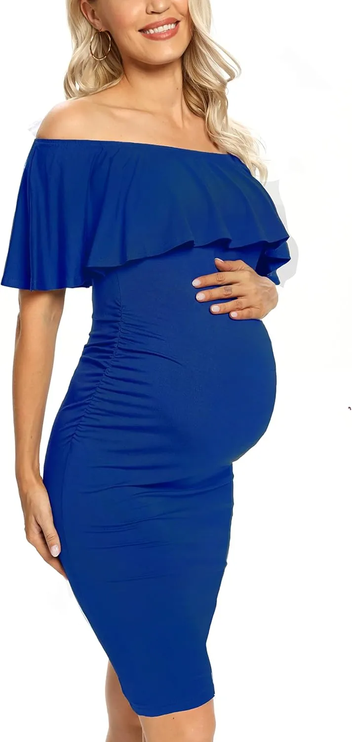 Ruffle Off Shoulder Fitted Maternity Dress, Ruched Side Bodycon Formal Pregnancy Dress for Baby Shower/Photography