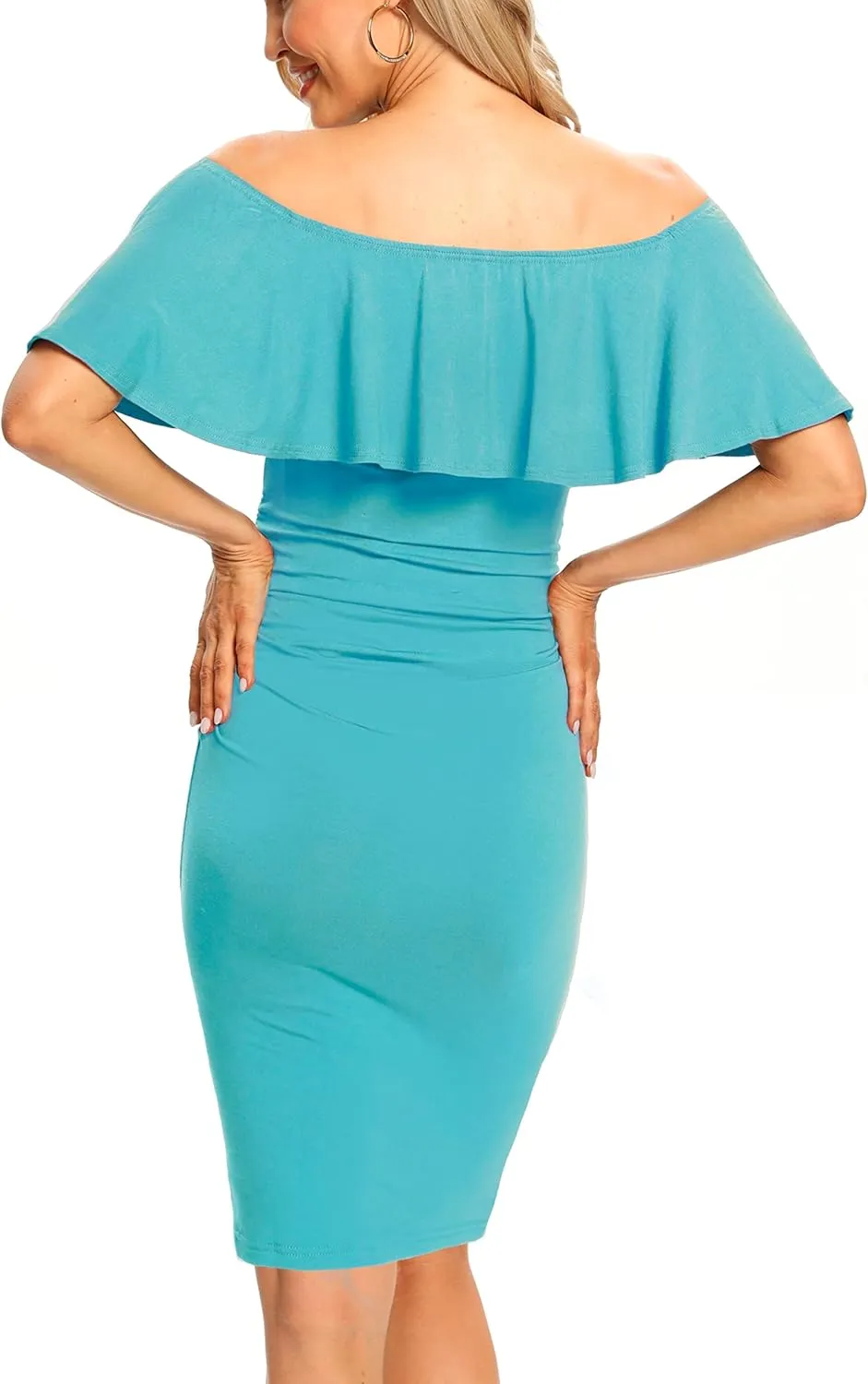 Ruffle Off Shoulder Fitted Maternity Dress, Ruched Side Bodycon Formal Pregnancy Dress for Baby Shower/Photography