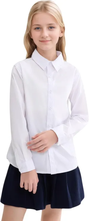 SOLOCOTE Girls White Dress Shirt Long Sleeve School Uniform Blouse Formal Button Down Top for Big Kids