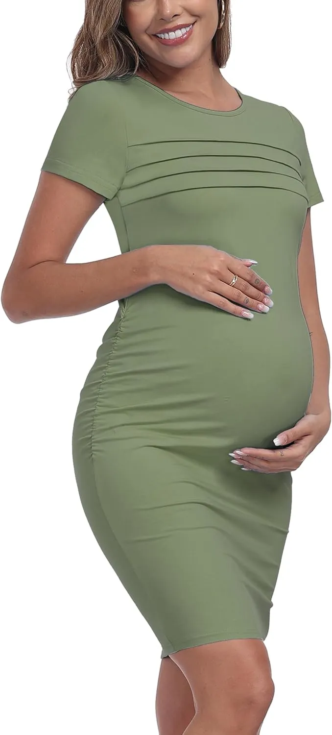 Summer Short Sleeve Maternity Dress Ruched Side Bodycon Causal Baby Shower Dresses