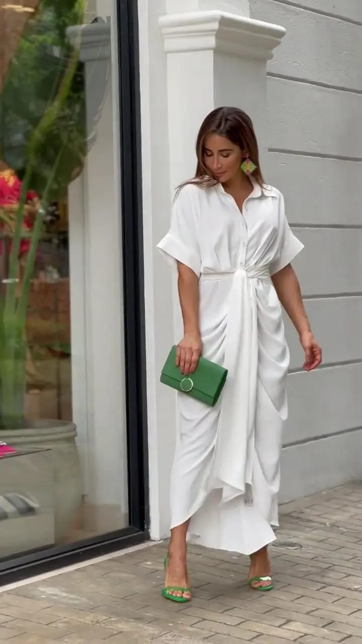 utcoco Women's Summer Ruched Button Down Shirt Dresses Flowy Casual Tie Waist Short Sleeve Maxi Shirt Dress