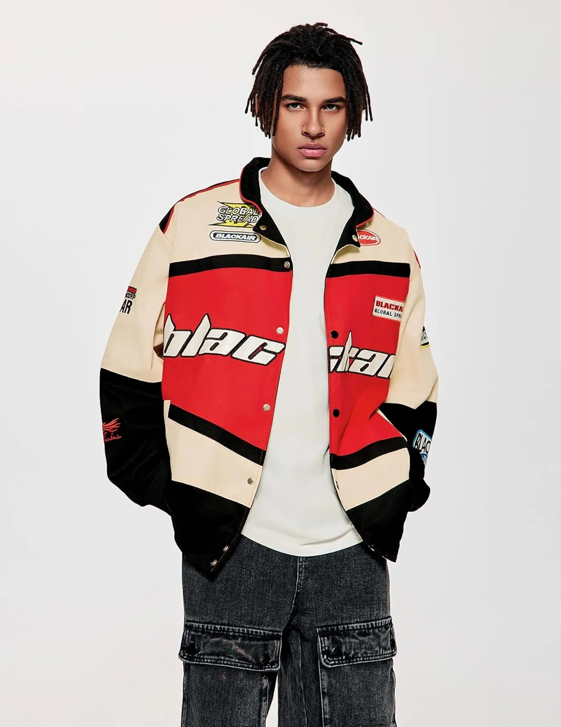 Vamtac Mens Varsity Baseball Jacket Bomber Cotton Vintage Racing Coats Streetwear with Pocket