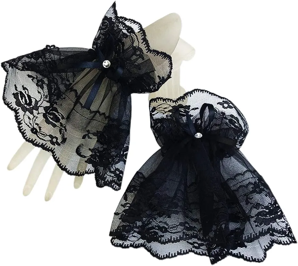 Women Black Lace Wrist Cuffs Bracelets Wedding Rhinestone Bow Fingerless Gloves Wedding Gloves