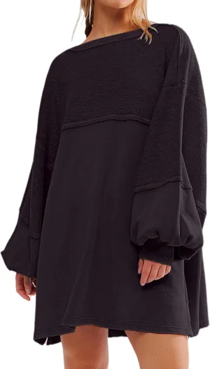 Women Oversized Long Sleeve Patchwork Sweatshirt Dress Solid Crewneck Drop Shoulder Pullover Sweatshirts Dresses Black