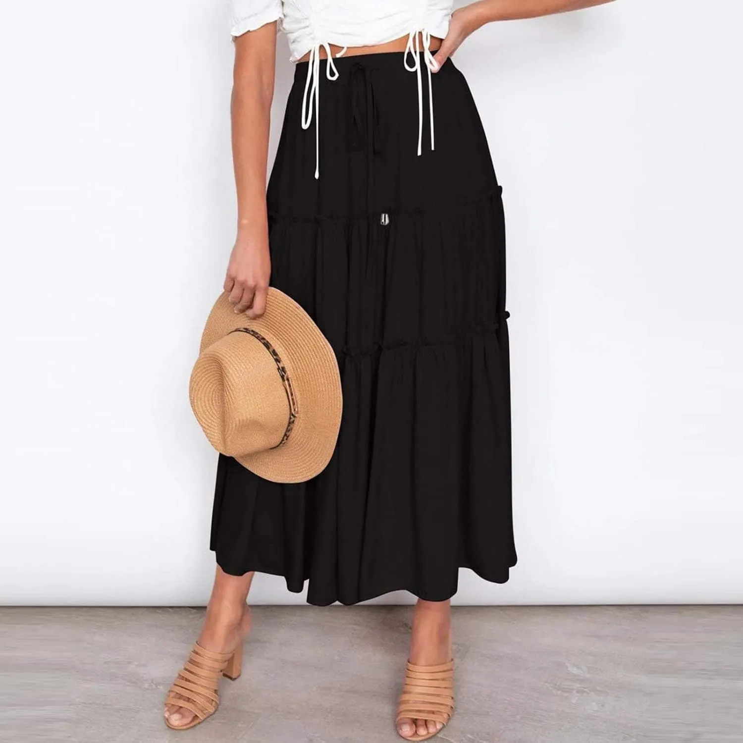 Women's Boho Maxi Skirts Summer Flowy Drawstring High Waisted Skirt Casual Solid Color Ruffle Hem A Line Long Skort