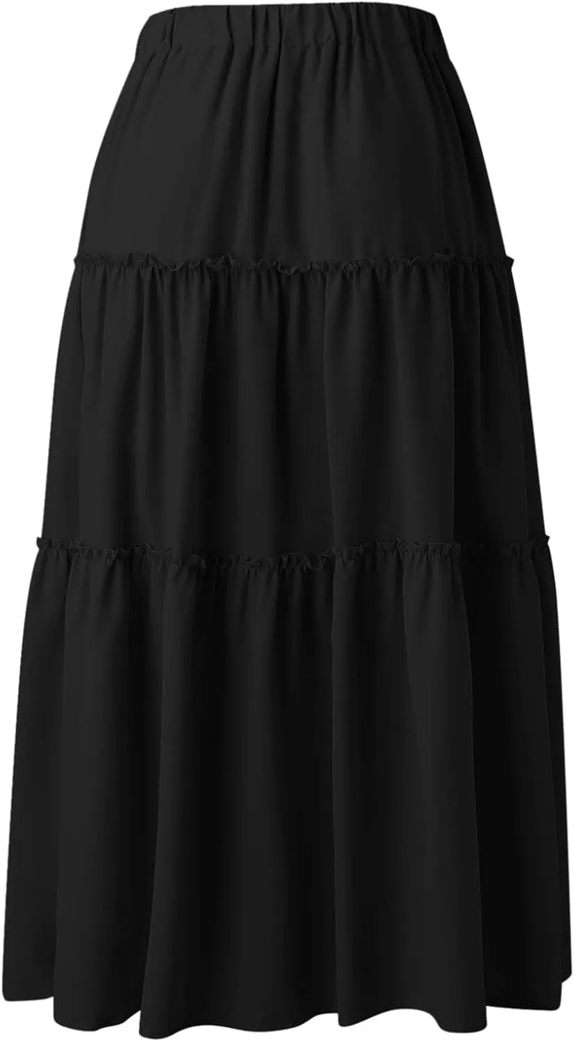 Women's Boho Maxi Skirts Summer Flowy Drawstring High Waisted Skirt Casual Solid Color Ruffle Hem A Line Long Skort