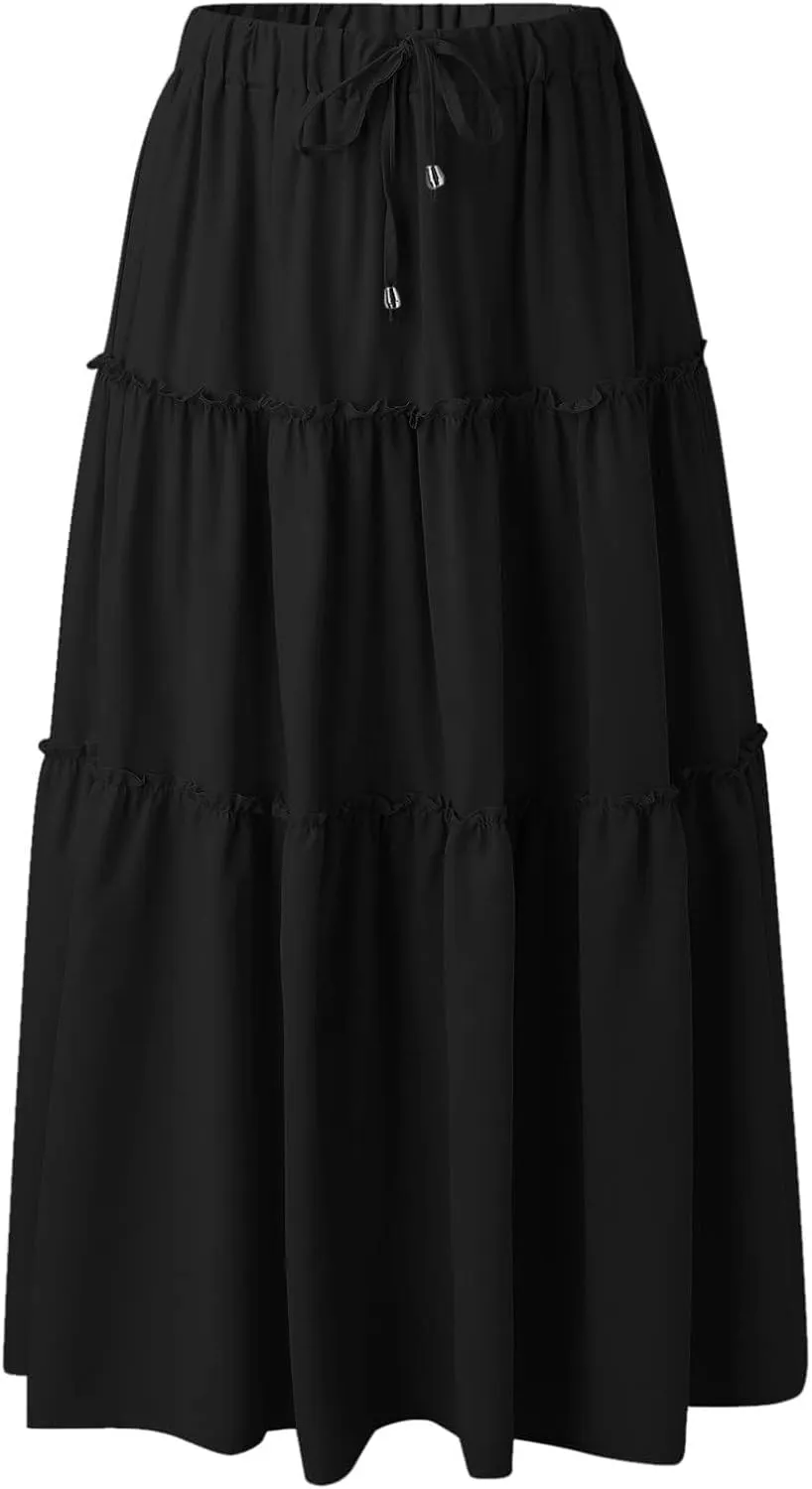 Women's Boho Maxi Skirts Summer Flowy Drawstring High Waisted Skirt Casual Solid Color Ruffle Hem A Line Long Skort