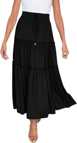 Women's Boho Maxi Skirts Summer Flowy Drawstring High Waisted Skirt Casual Solid Color Ruffle Hem A Line Long Skort