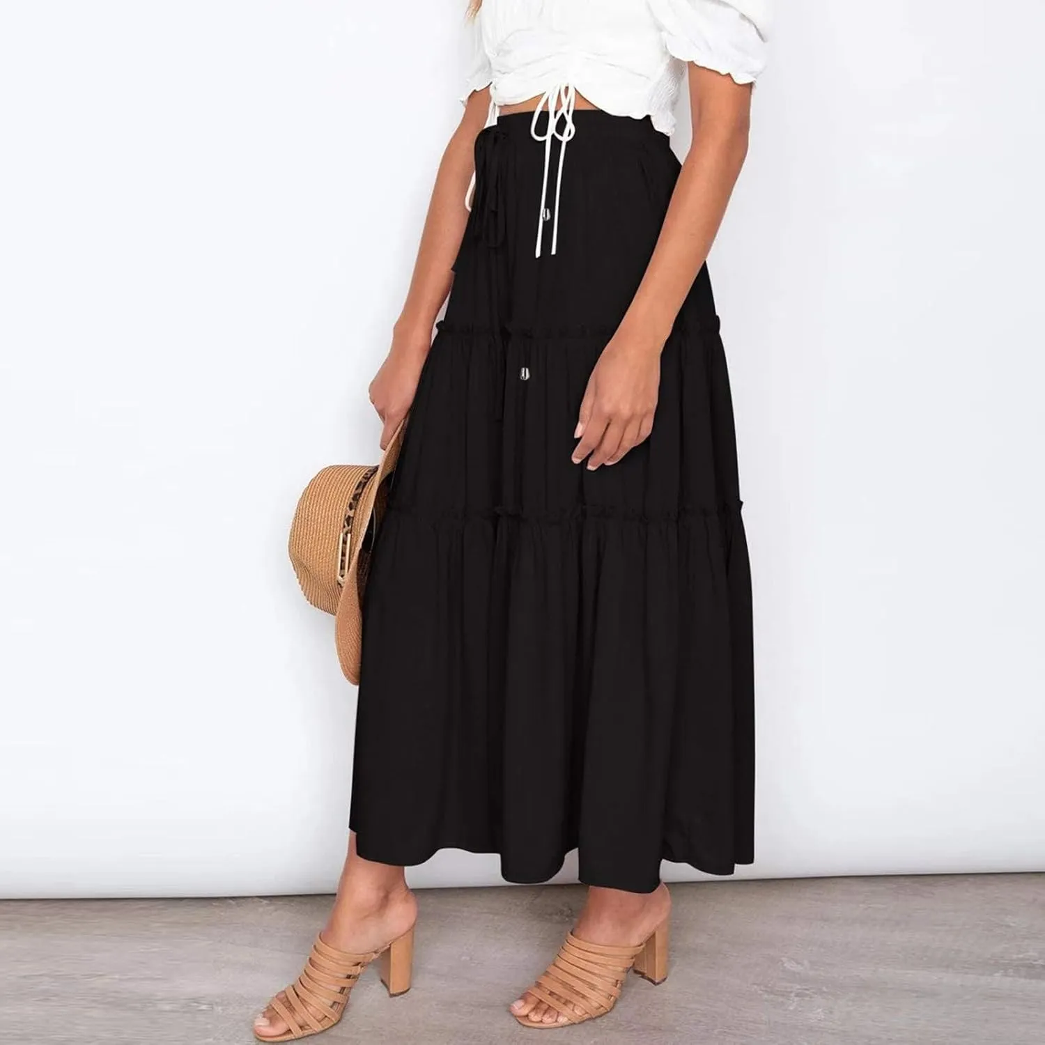 Women's Boho Maxi Skirts Summer Flowy Drawstring High Waisted Skirt Casual Solid Color Ruffle Hem A Line Long Skort