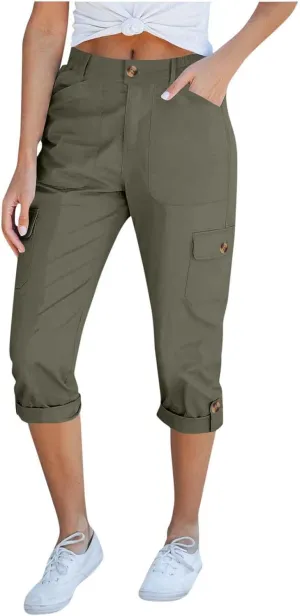 Women's Cargo Capri Pants High Waisted Relaxed Fit Casual Summer Cropped Trousers Elastic Knit Loose Cuffed Hem