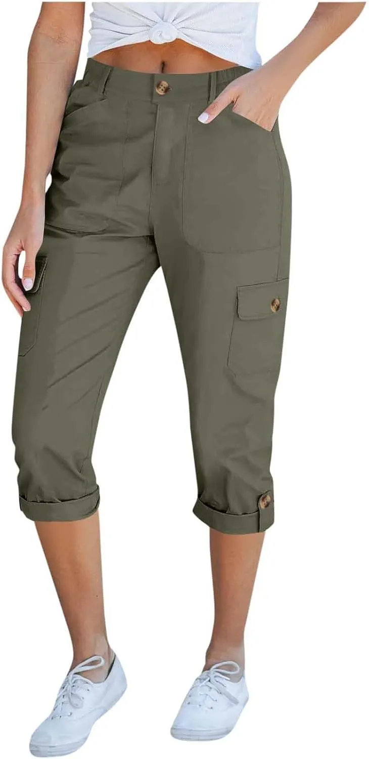 Women's Cargo Capri Pants High Waisted Relaxed Fit Casual Summer Cropped Trousers Elastic Knit Loose Cuffed Hem