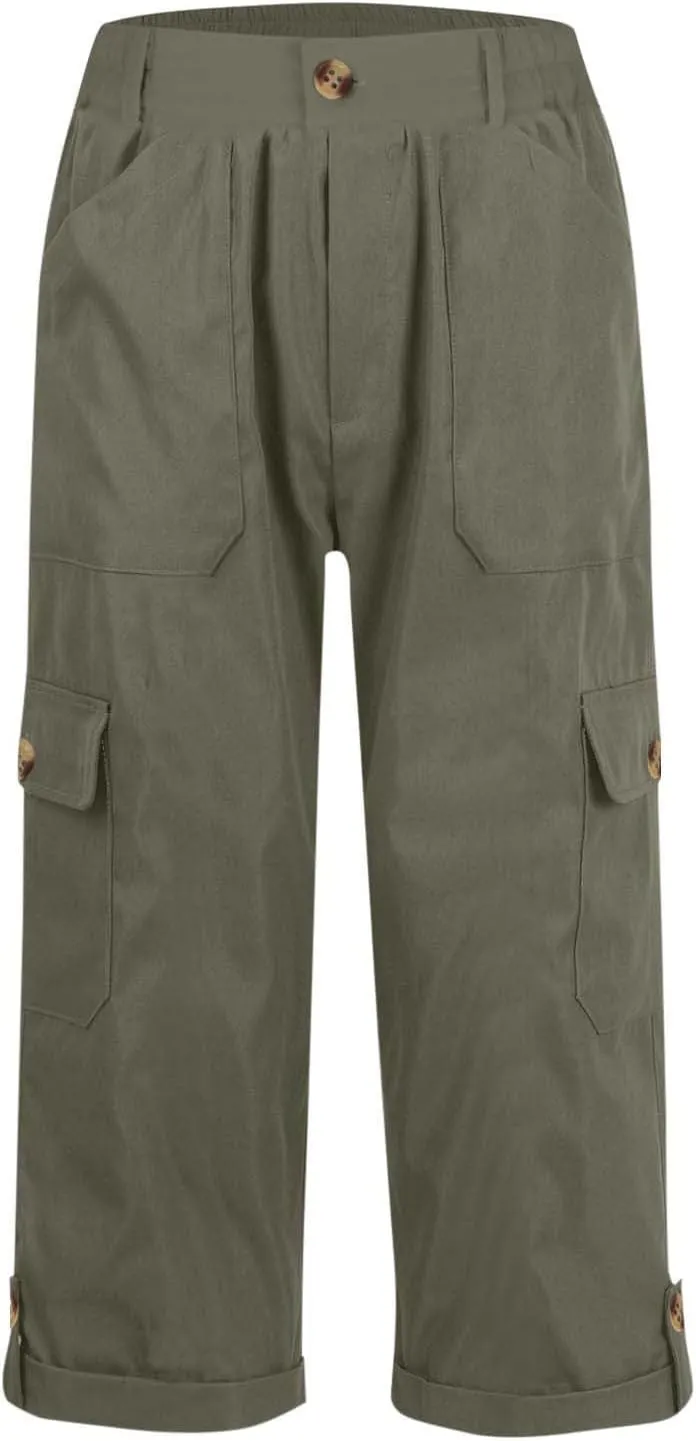 Women's Cargo Capri Pants High Waisted Relaxed Fit Casual Summer Cropped Trousers Elastic Knit Loose Cuffed Hem