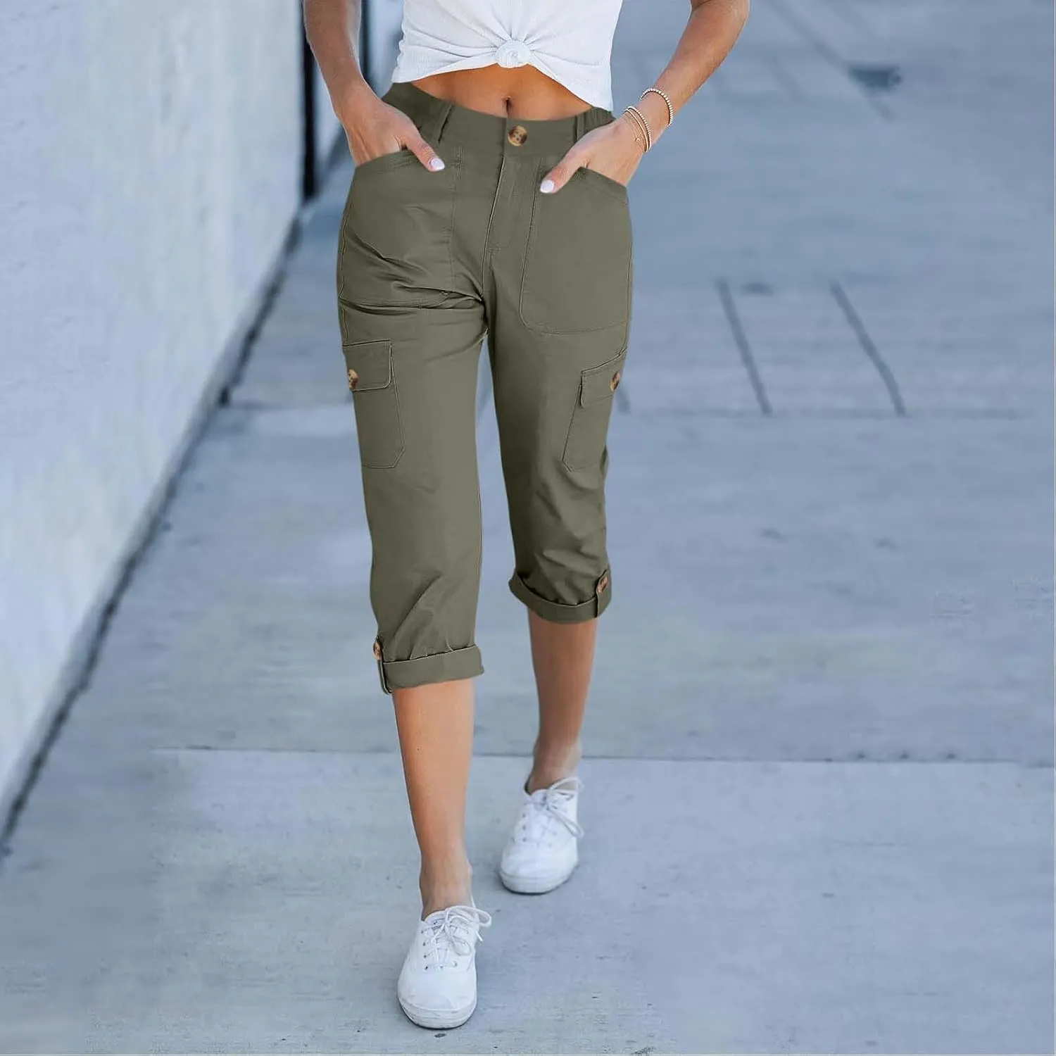Women's Cargo Capri Pants High Waisted Relaxed Fit Casual Summer Cropped Trousers Elastic Knit Loose Cuffed Hem