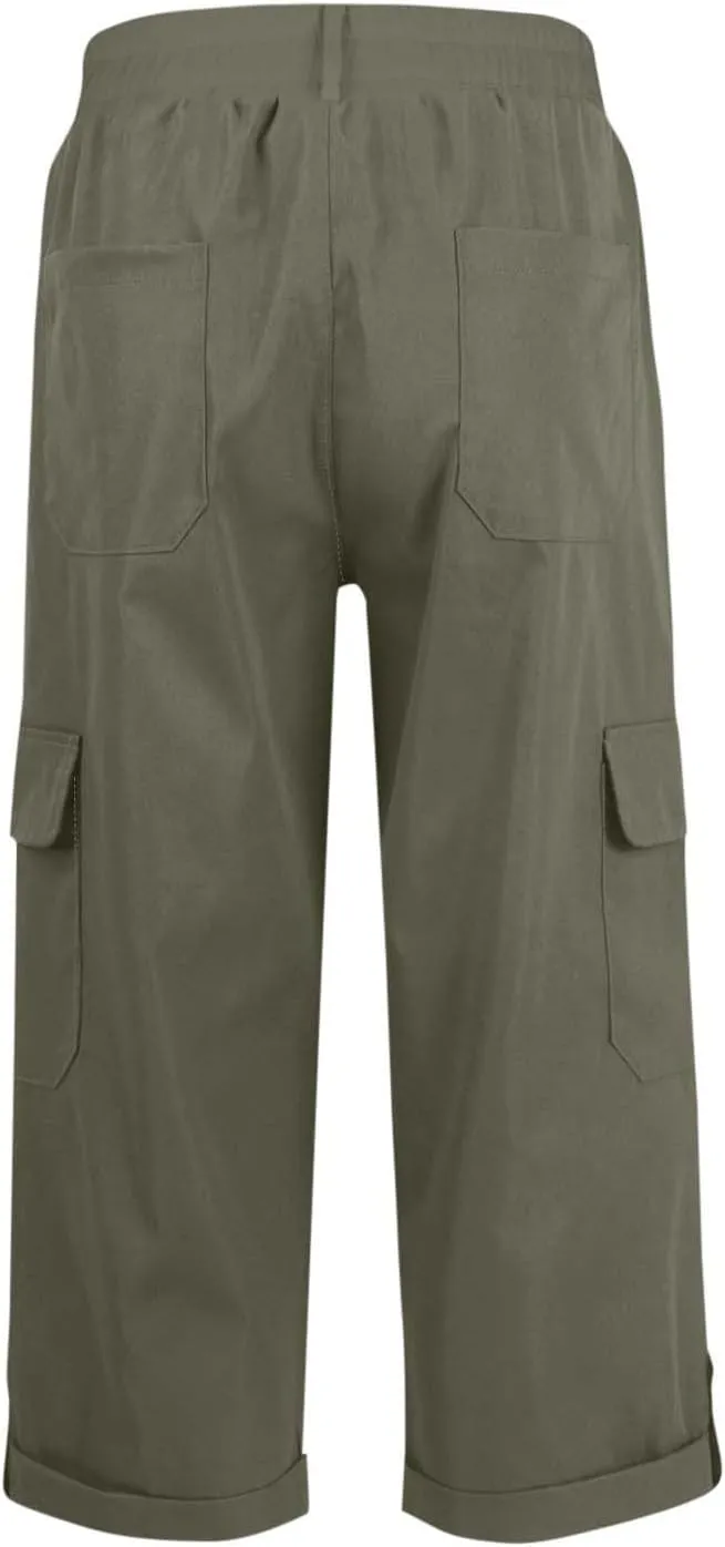 Women's Cargo Capri Pants High Waisted Relaxed Fit Casual Summer Cropped Trousers Elastic Knit Loose Cuffed Hem