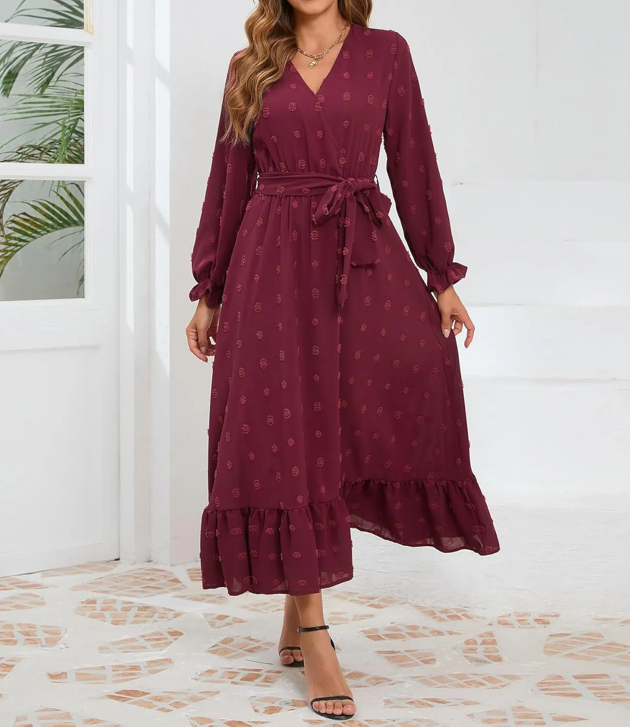 Women's Casual Dress Long Sleeve Swiss Dot Long Flowy A Line Boho Dresses with Belt