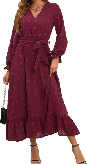 Women's Casual Dress Long Sleeve Swiss Dot Long Flowy A Line Boho Dresses with Belt