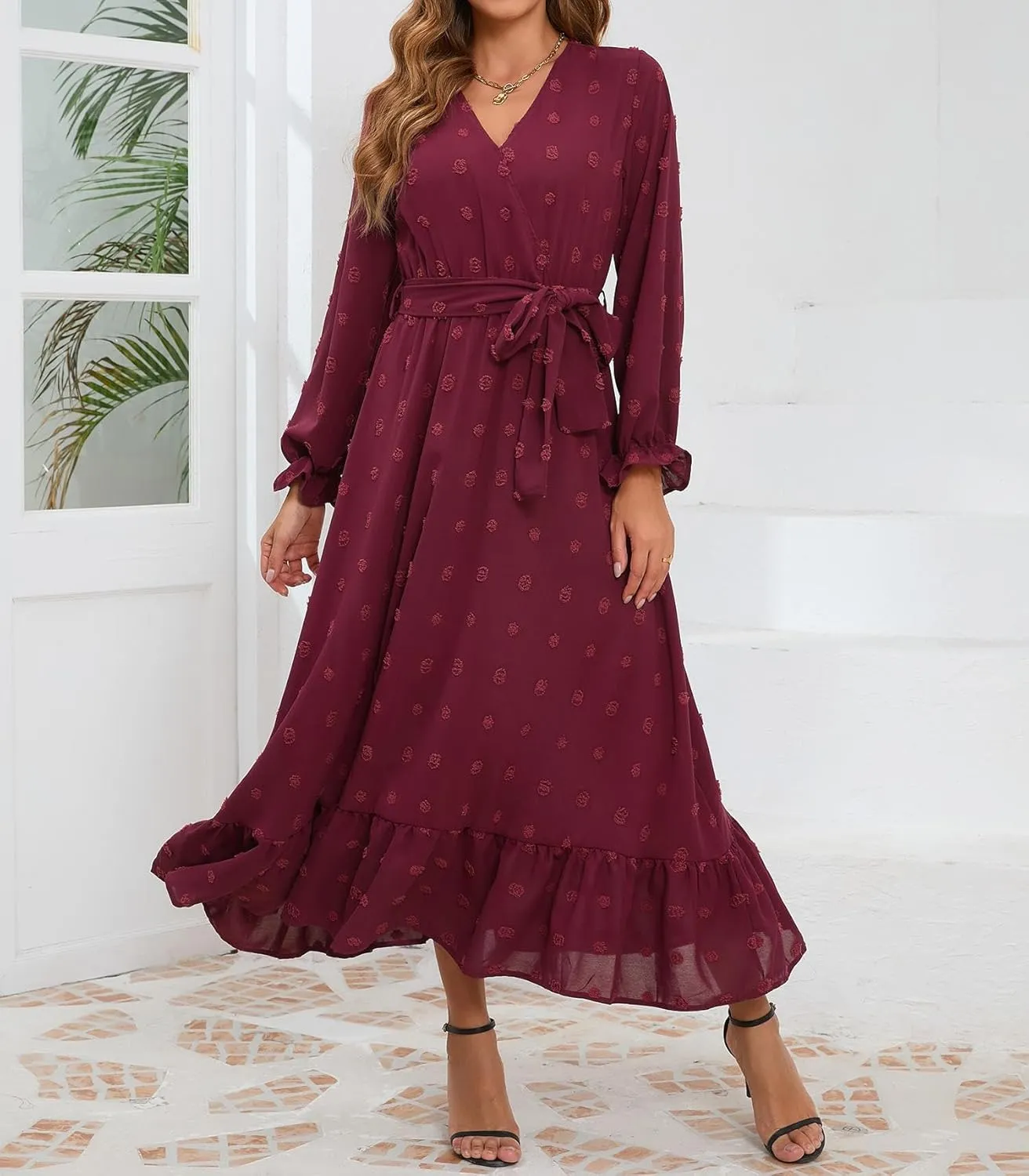 Women's Casual Dress Long Sleeve Swiss Dot Long Flowy A Line Boho Dresses with Belt