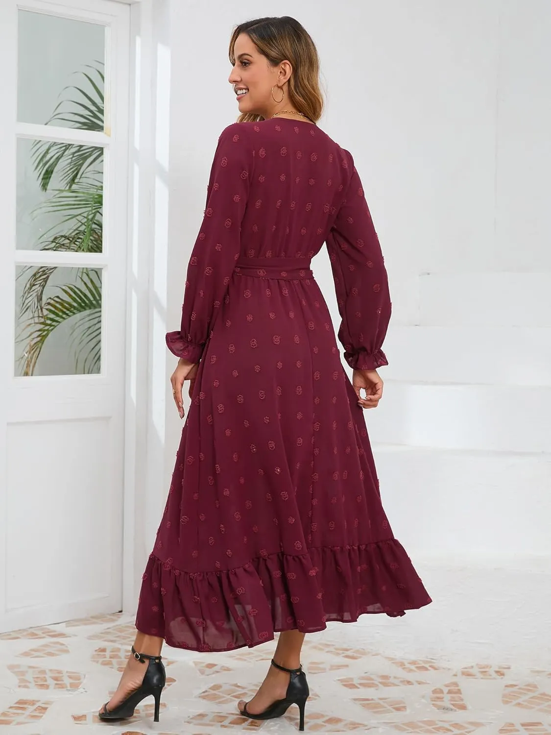 Women's Casual Dress Long Sleeve Swiss Dot Long Flowy A Line Boho Dresses with Belt
