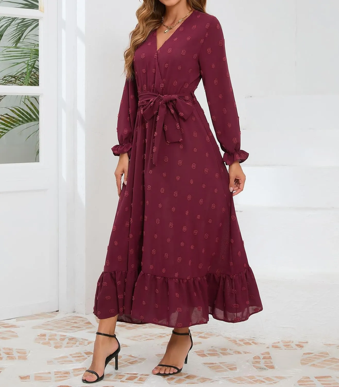 Women's Casual Dress Long Sleeve Swiss Dot Long Flowy A Line Boho Dresses with Belt