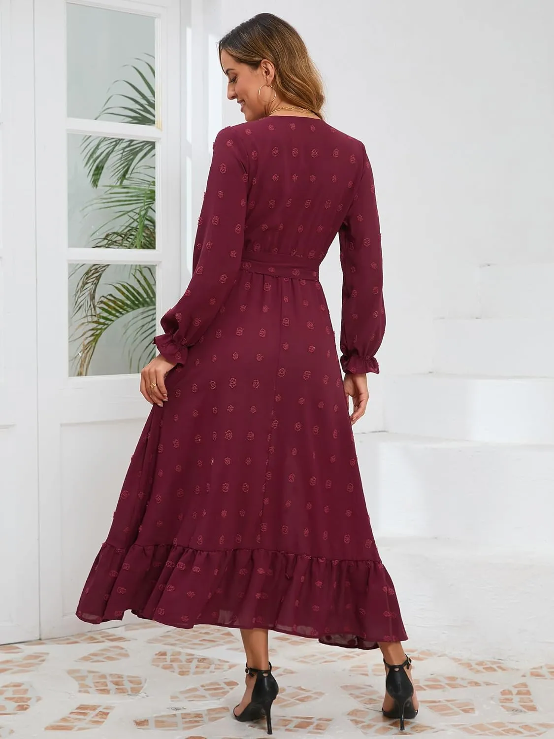 Women's Casual Dress Long Sleeve Swiss Dot Long Flowy A Line Boho Dresses with Belt