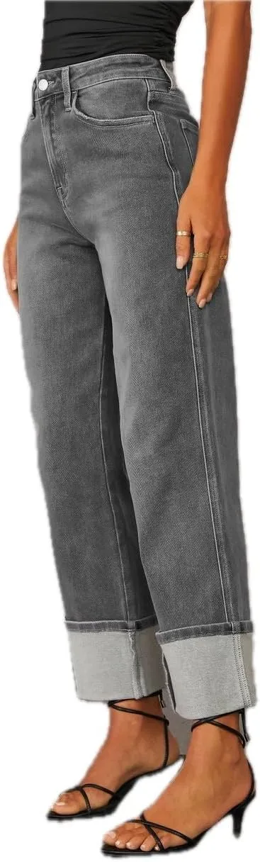 Womens High Waisted Jeans Straight Leg Denim Pants Retro Elastic Jeans Distressed Trousers Street Hipster Denim Jeans