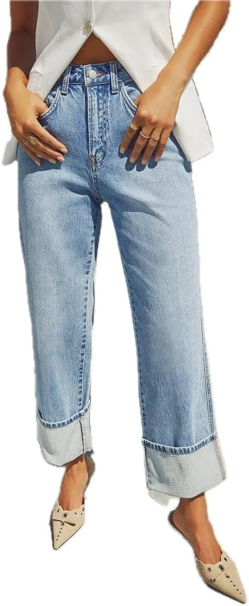 Womens High Waisted Jeans Straight Leg Denim Pants Retro Elastic Jeans Distressed Trousers Street Hipster Denim Jeans